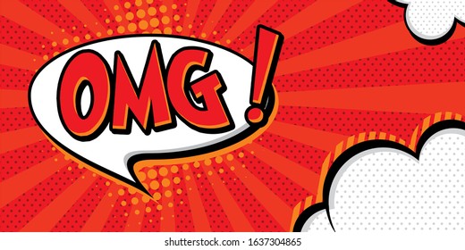 Omg Pop art background with Pow dynamic speech bubble on dots background. Vector colorful hand drawn illustration in retro comic pop art style.