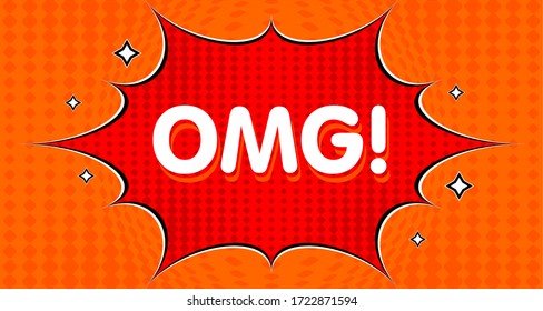Omg Pop art background with Pow dynamic speech bubble on dots background. Vector colorful hand drawn illustration in retro comic pop art style.