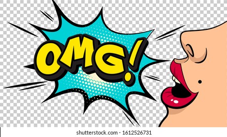 Omg, pop art cloud bubble. Smile, wow, pow, cool, ok, oops, wtf funny speech bubble. Trendy Colorful retro vintage background in pop art retro comic style. Illustration easy editable for Your design.