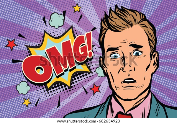オムポップアートの男のサプライズイラスト コミックテキストバブル 人間の感情 レトロな漫画のベクター画像イラスト のベクター画像素材 ロイヤリティフリー