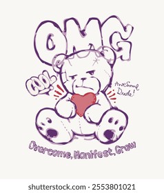 OMG slogan with graphic bear doll holding heart ink art style vector illustration