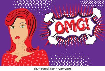 OMG! speech bubble and female face close-up on purple background, vector illustration. Invitation poster for party. For ads, invitation cards, marketing, social network, blog and placard