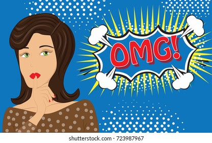 OMG! speech bubble and female face close-up on blue background, vector illustration. Invitation poster for party. For ads, invitation cards, marketing, social network, blog and placard