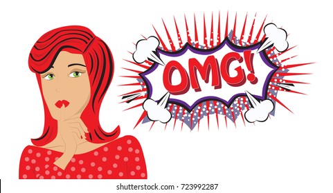 OMG! speech bubble and female face close-up on white background, vector illustration. Invitation poster for party. For ads, invitation cards, marketing, social network, blog and placard