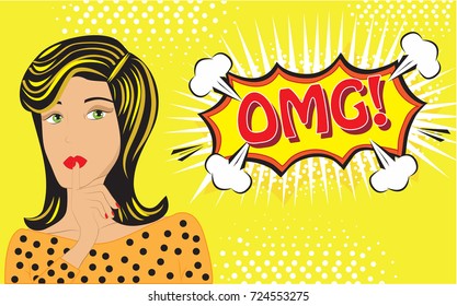 OMG! speech bubble and female face close-up on yellow background, vector illustration. Invitation poster for party. For ads, invitation cards, marketing, social network, blog and placard