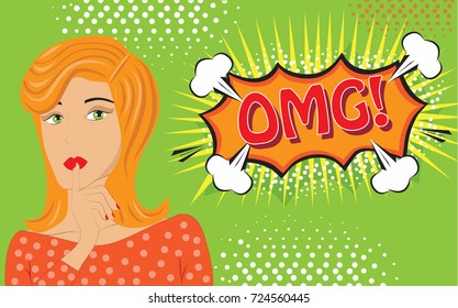 OMG! speech bubble and female face close-up on green background, vector illustration. Invitation poster for party. For ads, invitation cards, marketing, social network, blog and placard