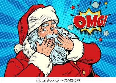 OMG surprise Santa Claus reaction. New year and Christmas. Pop art retro vector illustration