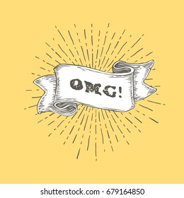 OMG! Texto OMG na fita vintage desenhada à mão. Design de arte gráfica em fundo amarelo.
