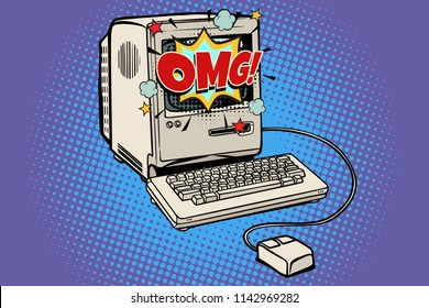 OMG Vintage Retro Computer. Pop Art Retro Vector Illustration Kitsch Vintage