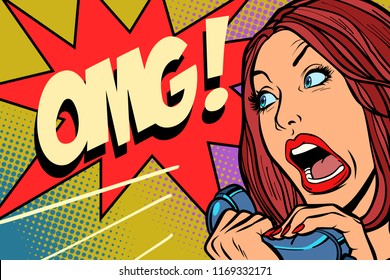 OMG Woman screams in phone. Comic cartoon pop art retro vector drawing