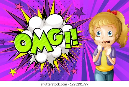Palabra de OMG sobre fondo de explosión con ilustración de personaje de caricatura femenina