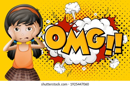 OMG word on explosion background with girl cartoon character illustration