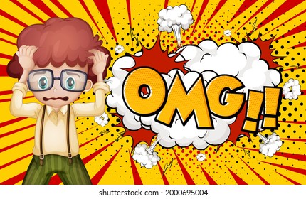 OMG word on explosion background with boy cartoon character illustration