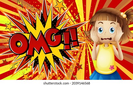 OMG word on explosion background with girl cartoon character illustration