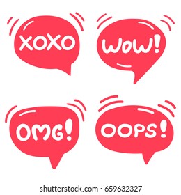 Omg, wow, xoxo, oops! Set of lettering and hand drawn speech bubbles. Flat vector illustrations on white background.