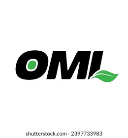 OMI brand name initial letters monogram with green leaf.