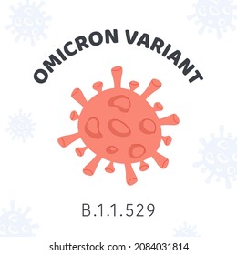 Variante de Omicron Covid. Banner cuadrado con bacterias rojas de Coronavirus sobre fondo blanco. Tarjeta vectorial o ilustración en dibujo plano.