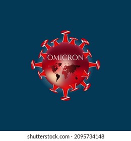 Fondo Omicron COVID-19. Mapa mundial con moléculas de coronavirus. Concepto de nuevo bloqueo del SARS-CoV-2. Bacterias de Omicron sobre el fondo de las siluetas de los continentes. Mutación delta COVID-19. Imagen 3d.