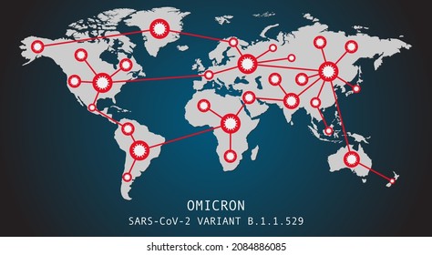 Omicron Covid-19 Coronavirus Variant Pandemic Spread Around The World Map. Flat Design Illustrations