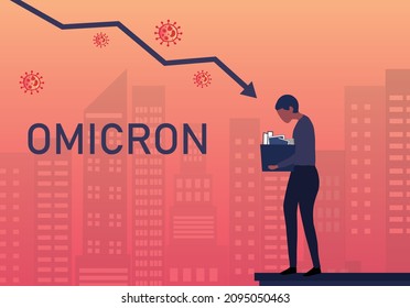 Omicron economic downturn, depressed man was fired from job. Unemployment, economic crisis, economic downturn, jobless, lay off concept from covid-19 vector illustration