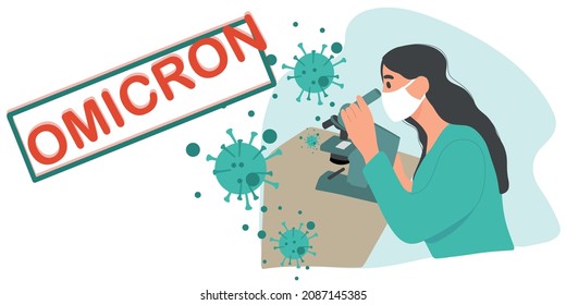 Omicron. Medical people work in a vaccine development science laboratory. Scientists are developing a vaccine against omicron. Laboratory analysis. Flat vector.