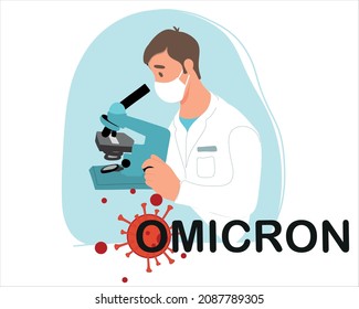 Omicron. Medical people work in a vaccine development science laboratory. Scientists are developing a vaccine against omicron. Laboratory analysis. Flat vector.