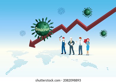 Omicron, mutation of covid19 coronavirus with economic crisis falling graph on world map and workers. New variant of coronavirus effect to global economic depression and unemployment rate.