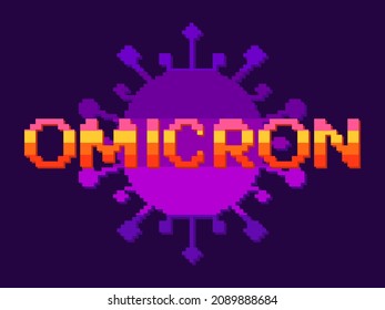 Omicron Pixeltext auf Viruszellhintergrund in 80er und 90er Jahren Videospiel 8-Bit-Stil. Design für Banner, Werbeartikel und Drucke. Vektorgrafik