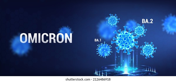 Omicron strain ba.1 and ba.2 category, variety covid-19. Coronavirus 3D bacteria with hologram on blue background. Omicron - stealth strain ba.2. virus bacterias. Coronavirus (covid-19) Vector banner