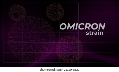 Omicron strain variant banner in retrofuturism style. Covid-19 Corona virus design with glitch shapes on dark background. Poster for awareness or alert against epidemic disease spread, symptoms.