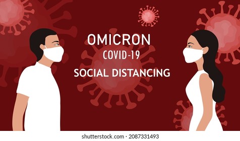Omicron variant B.1.1.529 of COVID-19. New strain of coronavirus. People must wearing protective face mask and keep social distance vector illustration