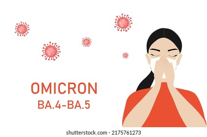 Omicron variant BA.4-BA.5 COVID-19. New strain of coronavirus. Woman with face mask coughing vector illustration