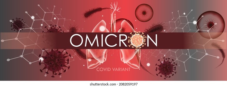 Omicron variant banner for awareness or alert against epidemic disease spread, symptoms or precautions. Covid-19 Corona virus design with infected lungs, viral microscopic germs view data background.