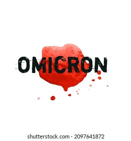Omicron variant Covid-19 icon. Coronavirus red ink watercolor texture background. Pandemic medical concept hand drawn vector illustration with brush strokes, splash, spot isolated on white background.