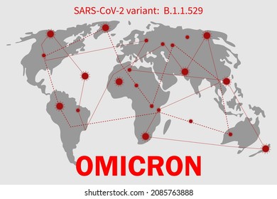 Omicron.New Omicron Variant In South Africa.Covid-19 Coronavirus Variants Omicron.New Covid Strain.World Map With A Distribution Of Virus.Banner Background With Lettering