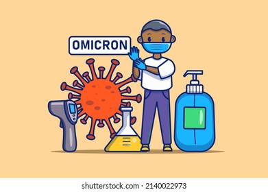 Concepto de virus de Omicron en diseño de contorno plano. Enfermedad de Coronavirus. Médico con máscara protectora y guantes, termómetro enorme y antiséptico. Ilustración vectorial con una escena web de línea colorida