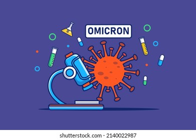 Omicron virus concept in flat outline design. Coronavirus disease outbreak. Huge disease microbe and microscope. Research and development of drugs. Vector illustration with colorful line web scene