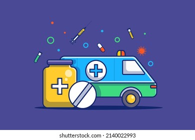 Concepto de virus de Omicron en diseño de contorno plano. Enfermedad de Coronavirus y tratamiento. Auto de ambulancia conduce al hospital cerca de un enorme frasco de pastillas. Ilustración vectorial con una escena web de línea colorida