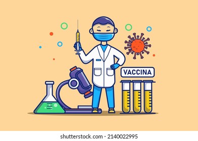 Omicron-Virus-Konzept in flacher Kontur. Ausbruch der Coronavirus-Krankheit. Der Arzt in Schutzmaske macht Impfungen, ein riesiges Mikroskop im Labor. Vektorgrafik mit bunter Linien-Webszene