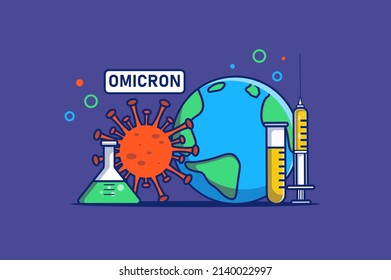Omicron virus concept in flat outline design. Coronavirus disease outbreak and global pandemic. Study of infection, vaccination and illness treatment. Vector illustration with colorful line web scene