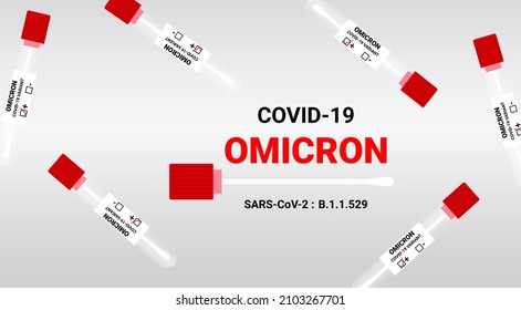 Omicron(B.1.1.529) Covid-19 SARS-CoV-2 text, Realistic RT-PCR tubes with cotton swab for nasopharyngeal specimens in the laboratory.  Vector illustration in flat style. 