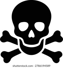 Ominous black and white vector graphic illustration depicting a traditional skull and crossbones symbol, universally recognized for danger, warning, poison, or pirate themes.