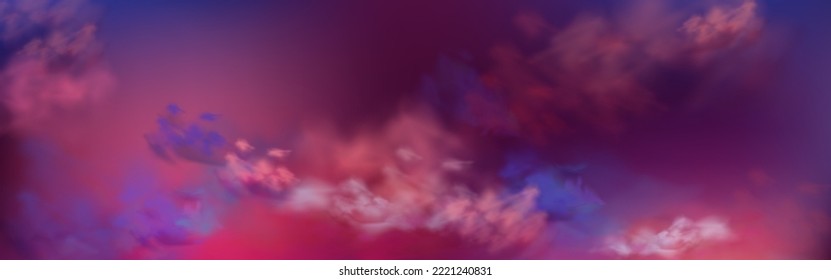 Ominous dark purple sky with realistic cloud texture, vector illustration. Fantastic foggy twilight or sunrise cloudscape in pink, blue and lilac colors. Beautiful nature. Abstract background design