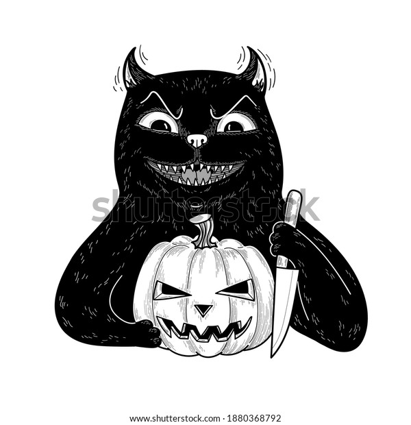ハロウィーン用のカボチャとナイフを持つ不吉な悪魔の黒猫 白い背景に平らなカートーンのキャラクター のベクター画像素材 ロイヤリティフリー Shutterstock