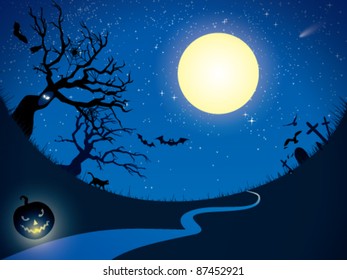 Ominous moon night.  Vector  illustration.