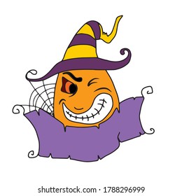 an ominous pumpkin in a cap with a scroll and a spiderweb.Vector design for Halloween banners and postcards