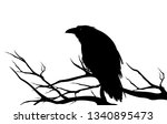 ominous raven sitting on a bare tree branch - black crow bird halloween theme vector silhouette design