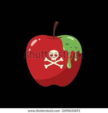 Ominous red apple featuring a prominent skull and crossbones sign, dripping with toxic green slime.
