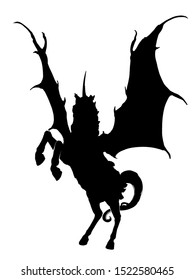 The ominous silhouette of a reared pgas with bat wings. 2D illustration.