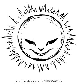 Ominous lächelnde Sonne. Handgezeichnete Vektorgrafik. Realistische Retro-Grafik, einzeln auf weiß. Einzelne schwarze Doodle-Elemente für Design-Druck, Poster, Deko, Typografie, Aufkleber, Tattoo
